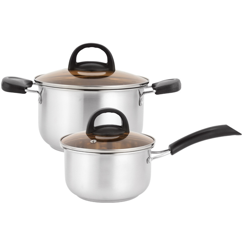 Set de vase din oțel inoxidabil, două piese: oală pentru lapte de 16 cm și oală pentru supă de 20 cm, capac din sticlă, interior antiaderent, bază din oțel compozit