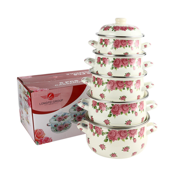Set de cinci oale emailate, 18-26 cm, cu capace din sticlă, incluzând oală cu două mânere