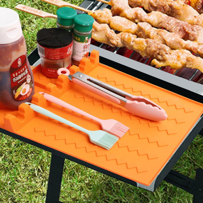 Covoraș din silicon pentru BBQ și grătar, utilizare în exterior, rezistent la temperaturi înalte, drenajul uleiului, design piatră neagră
