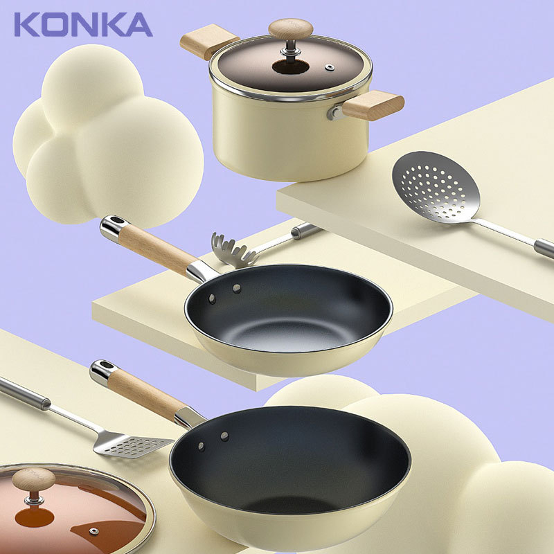Konka Moonlight White Set Cadou din trei piese: wok, tigaie și oală de supă, cu strat antiaderent