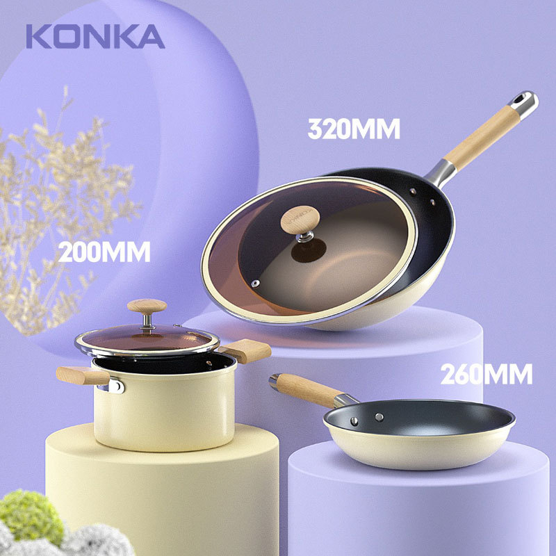 Konka Moonlight White Set Cadou din trei piese: wok, tigaie și oală de supă, cu strat antiaderent
