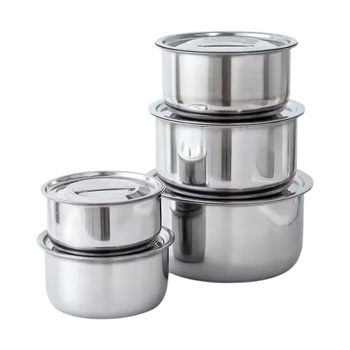 Set de vase din oțel inoxidabil, cinci piese cu capace; include oală thailandeză și oală indiană