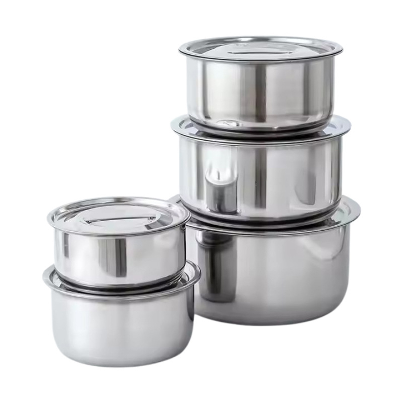 Set de vase din oțel inoxidabil, cinci piese cu capace; include oală thailandeză și oală indiană