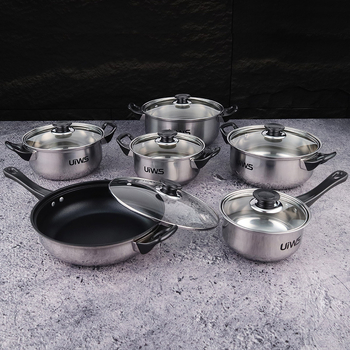Set de vase din oțel inoxidabil cu mânere negre, 12 piese, compatibil cu plitele cu inducție, include tigaie, oală de lapte și oale de gătit