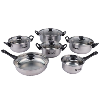Set de vase din oțel inoxidabil cu mânere negre, 12 piese, compatibil cu plitele cu inducție, include tigaie, oală de lapte și oale de gătit