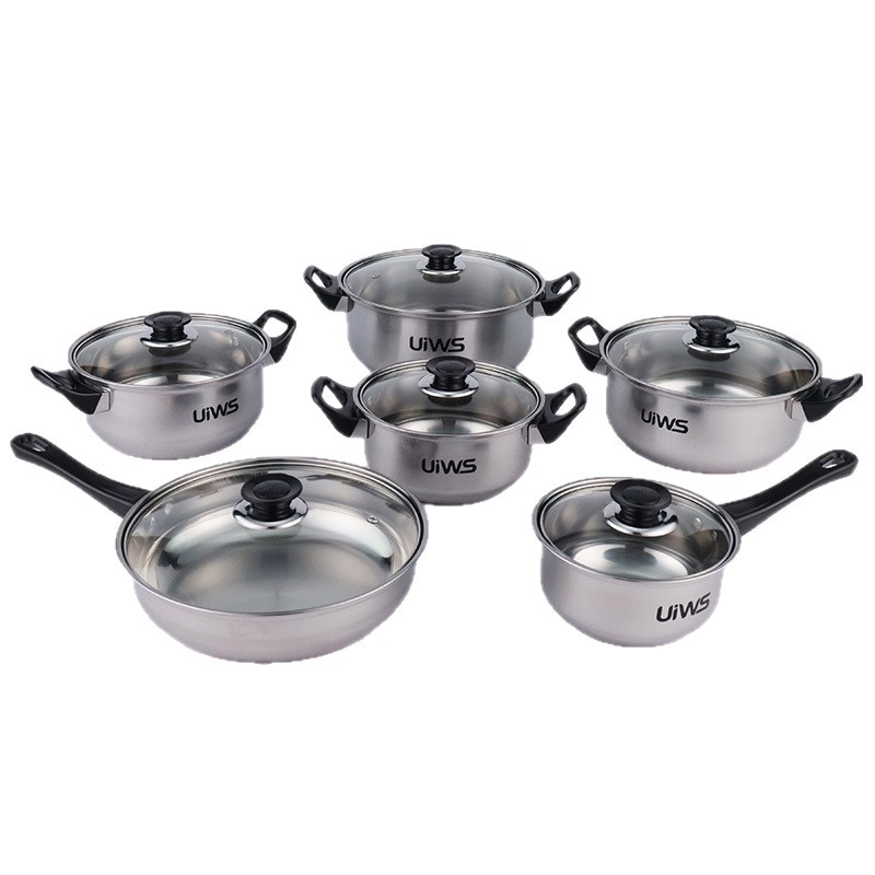 Set de vase din oțel inoxidabil cu mânere negre, 12 piese, compatibil cu plitele cu inducție, include tigaie, oală de lapte și oale de gătit