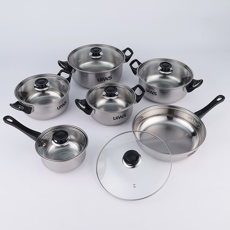 Set de vase din oțel inoxidabil cu mânere negre, 12 piese, compatibil cu plitele cu inducție, include tigaie, oală de lapte și oale de gătit