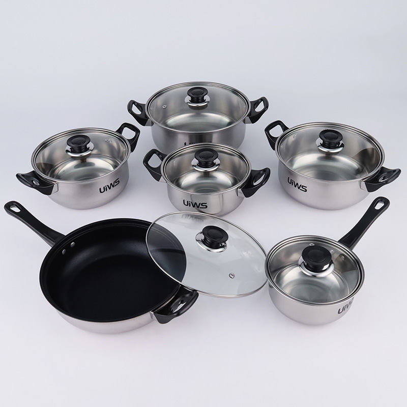 Set de vase din oțel inoxidabil cu mânere negre, 12 piese, compatibil cu plitele cu inducție, include tigaie, oală de lapte și oale de gătit
