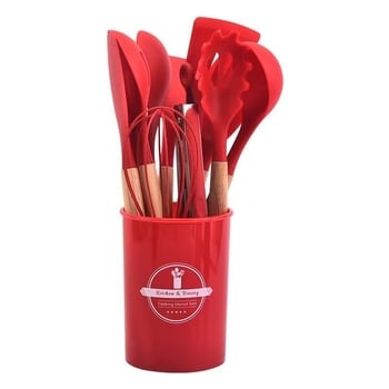 Set de ustensile de bucătărie din silicon cu mâner din lemn: lingură pentru făină și spatule, antiaderente, rezistente la temperaturi, cu recipient de depozitare