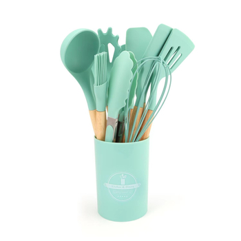 Set de ustensile de bucătărie din silicon cu mâner din lemn: lingură pentru făină și spatule, antiaderente, rezistente la temperaturi, cu recipient de depozitare