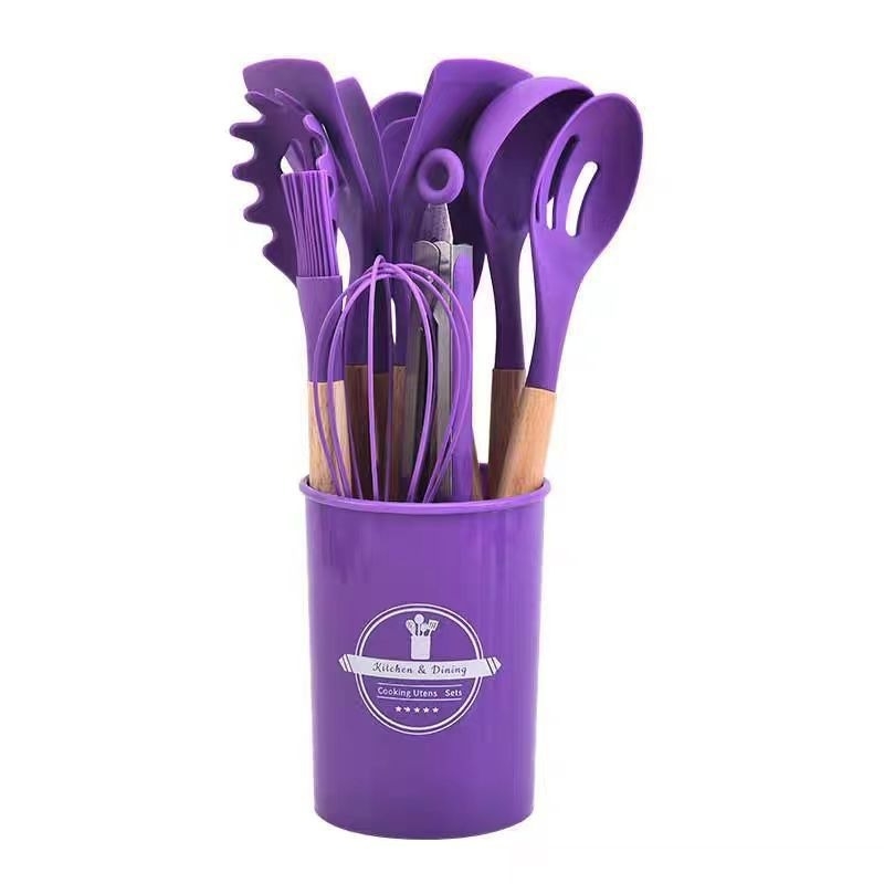 Set de ustensile de bucătărie din silicon cu mâner din lemn: lingură pentru făină și spatule, antiaderente, rezistente la temperaturi, cu recipient de depozitare