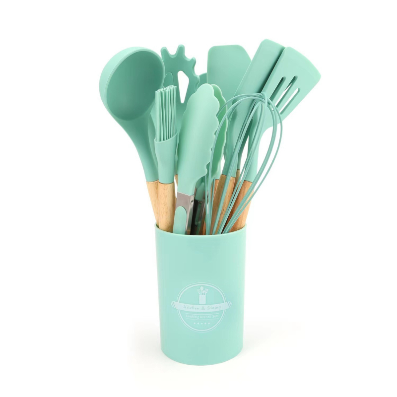 Set de ustensile de bucătărie din silicon cu mâner din lemn: lingură pentru făină și spatule, antiaderente, rezistente la temperaturi, cu recipient de depozitare