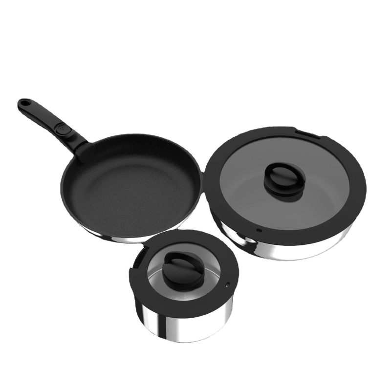 Set de vase din oțel inox cu mâner detașabil: oală de supă, oală de lapte și tigaie cu strat antiaderent