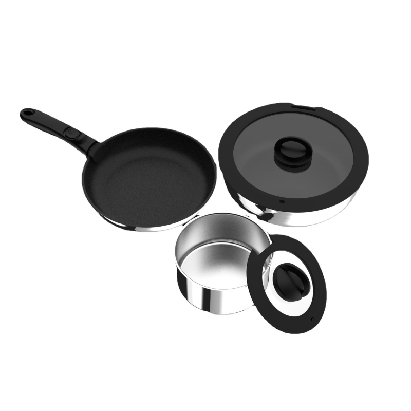 Set de vase din oțel inox cu mâner detașabil: oală de supă, oală de lapte și tigaie cu strat antiaderent