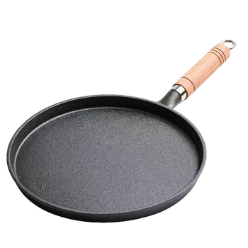 Tigaie din fontă personalizată pentru clătite, neacoperită, antiaderentă, compatibilă cu inducția, diametre 20/23/26 cm, mâner din lemn