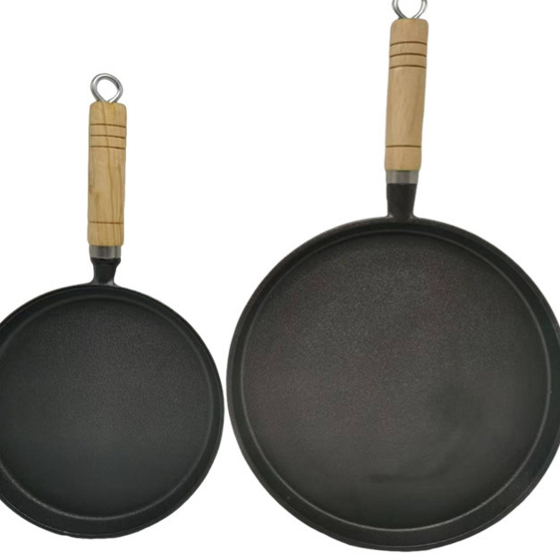 Tigaie din fontă personalizată pentru clătite, neacoperită, antiaderentă, compatibilă cu inducția, diametre 20/23/26 cm, mâner din lemn
