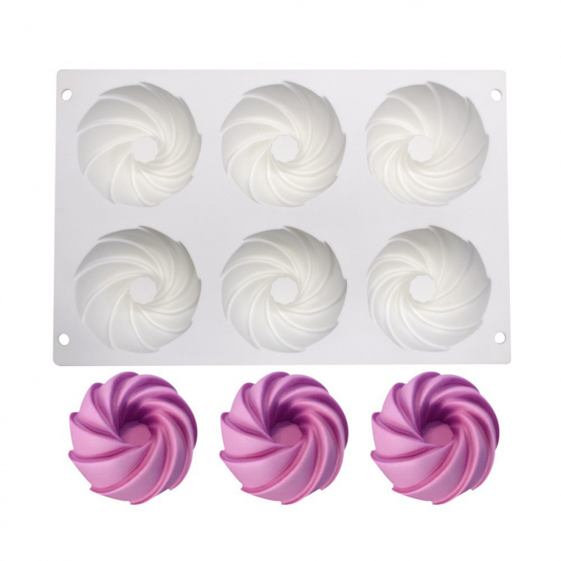Formă cu 6 cavități în formă de floare spirală pentru prăjituri franțuzești și mousse, unelte de copt din silicon, matriță pentru gelatină, matriță mousse cu umplutură