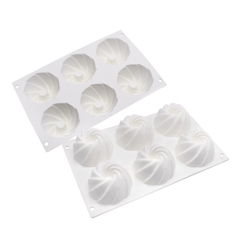 Formă cu 6 cavități în formă de floare spirală pentru prăjituri franțuzești și mousse, unelte de copt din silicon, matriță pentru gelatină, matriță mousse cu umplutură