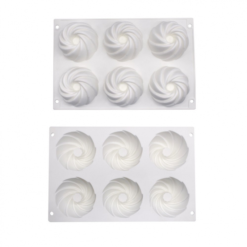 Formă cu 6 cavități în formă de floare spirală pentru prăjituri franțuzești și mousse, unelte de copt din silicon, matriță pentru gelatină, matriță mousse cu umplutură