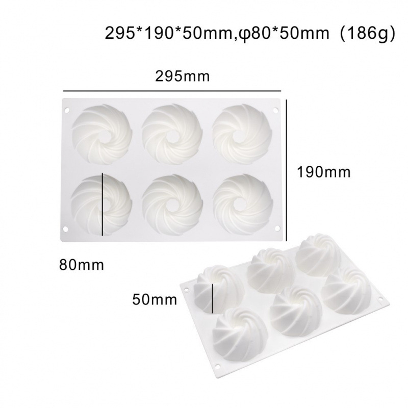 Formă cu 6 cavități în formă de floare spirală pentru prăjituri franțuzești și mousse, unelte de copt din silicon, matriță pentru gelatină, matriță mousse cu umplutură