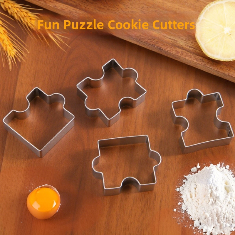 Set de 4 forme pentru biscuiți cu forme puzzle neregulate pentru coacere; din oțel inoxidabil 430