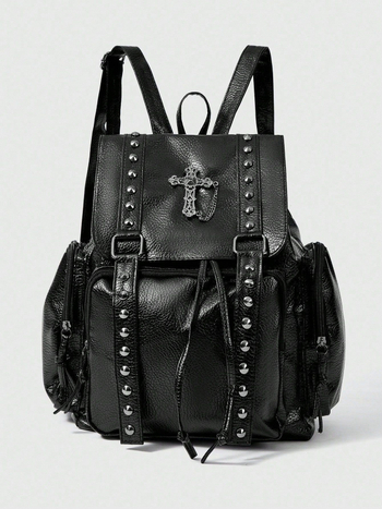 Ruksak od PU kože s Lychee teksturom, s metalnim zakovicama, stil motocikla, crossbody ruksak s dvostrukim kaišem, velika kapaciteta, ženska torba