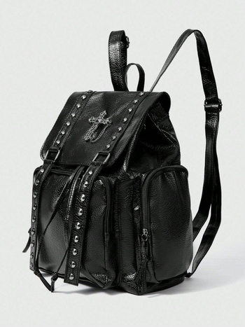 Ruksak od PU kože s Lychee teksturom, s metalnim zakovicama, stil motocikla, crossbody ruksak s dvostrukim kaišem, velika kapaciteta, ženska torba