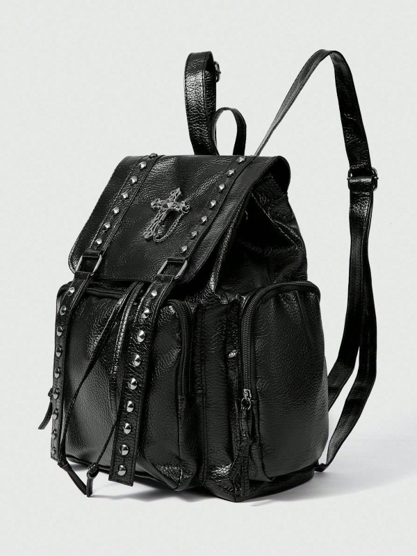 Ruksak od PU kože s Lychee teksturom, s metalnim zakovicama, stil motocikla, crossbody ruksak s dvostrukim kaišem, velika kapaciteta, ženska torba