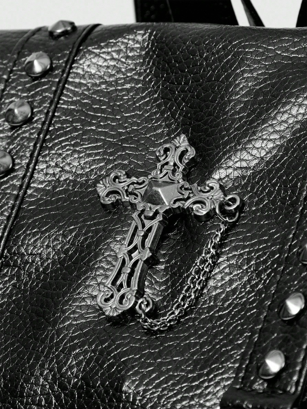 Ruksak od PU kože s Lychee teksturom, s metalnim zakovicama, stil motocikla, crossbody ruksak s dvostrukim kaišem, velika kapaciteta, ženska torba
