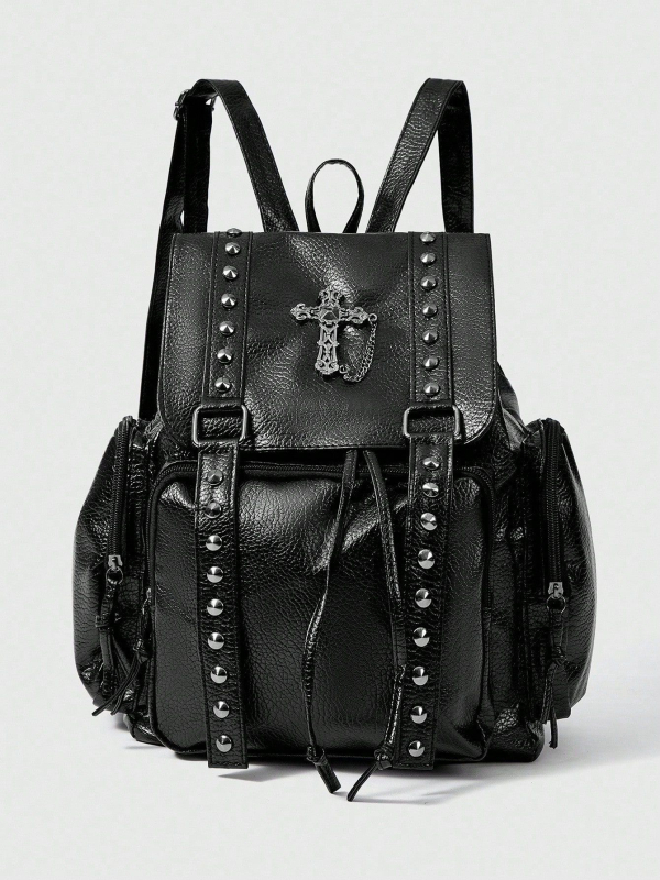 Ruksak od PU kože s Lychee teksturom, s metalnim zakovicama, stil motocikla, crossbody ruksak s dvostrukim kaišem, velika kapaciteta, ženska torba