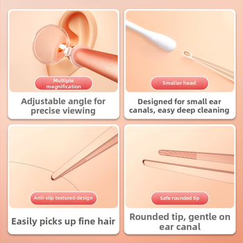 Set de curățare a urechilor iluminat pentru copii – lingură de urechi din plastic și pensete, instrument vizual cu lumină, roz