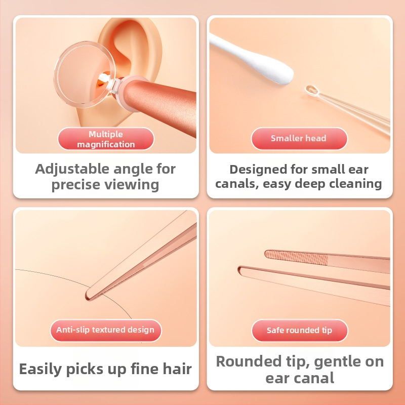 Set de curățare a urechilor iluminat pentru copii – lingură de urechi din plastic și pensete, instrument vizual cu lumină, roz