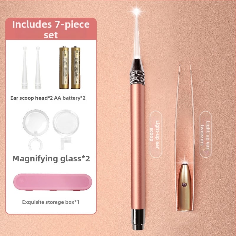 Set de curățare a urechilor iluminat pentru copii – lingură de urechi din plastic și pensete, instrument vizual cu lumină, roz