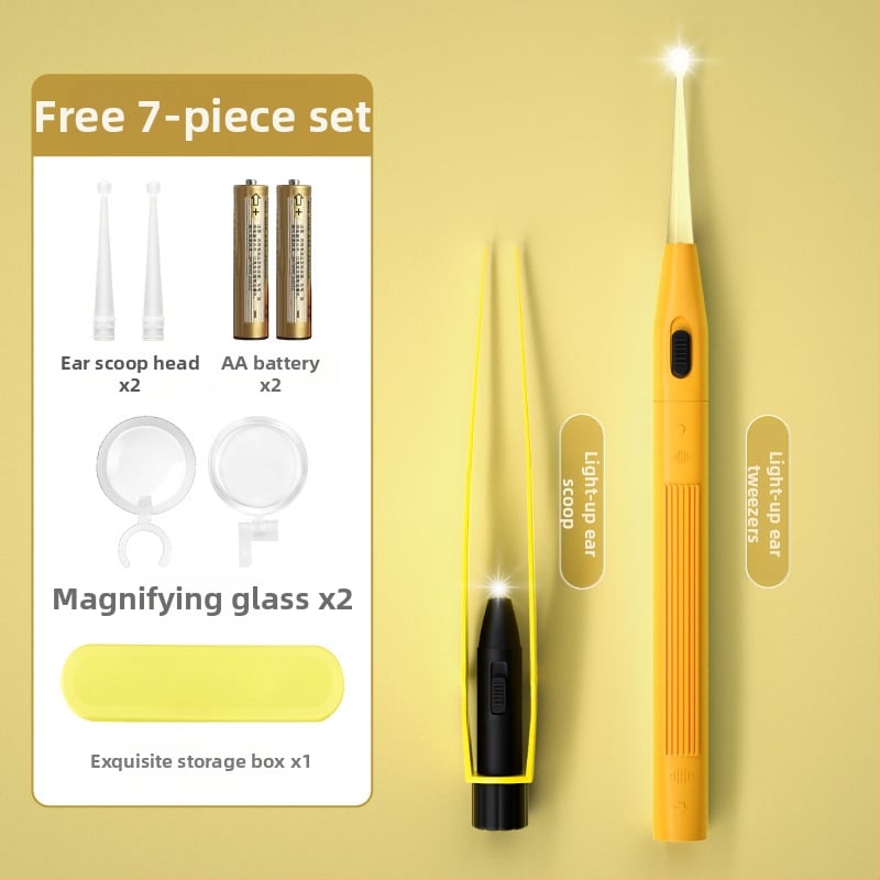 Set de curățare a urechilor iluminat pentru copii – lingură de urechi din plastic și pensete, instrument vizual cu lumină, roz