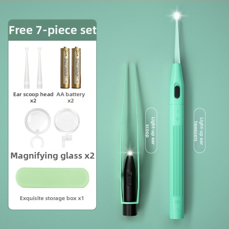 Set de curățare a urechilor iluminat pentru copii – lingură de urechi din plastic și pensete, instrument vizual cu lumină, roz