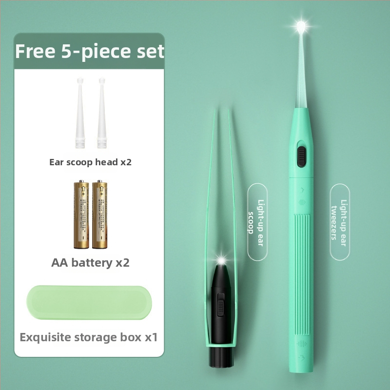 Set de curățare a urechilor iluminat pentru copii – lingură de urechi din plastic și pensete, instrument vizual cu lumină, roz