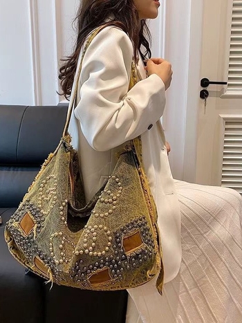 2024 Denim Tote torba velike kapacitete za svakodnevnu uporabu, crossbody preko ramena s nitnim detaljima