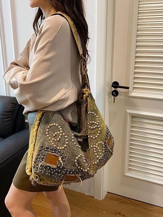 2024 Denim Tote torba velike kapacitete za svakodnevnu uporabu, crossbody preko ramena s nitnim detaljima