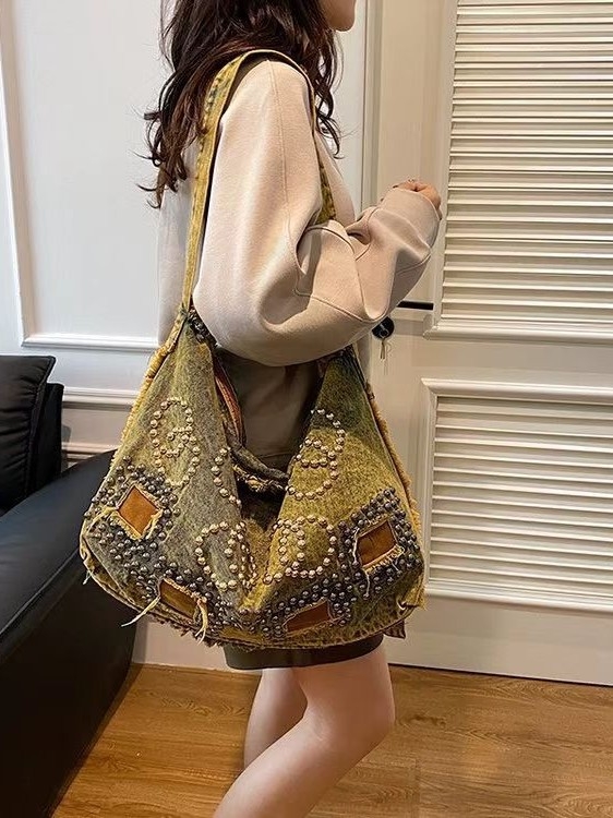 2024 Denim Tote torba velike kapacitete za svakodnevnu uporabu, crossbody preko ramena s nitnim detaljima