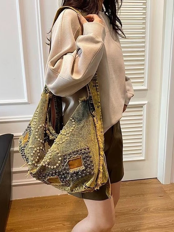 2024 Denim Tote torba velike kapacitete za svakodnevnu uporabu, crossbody preko ramena s nitnim detaljima