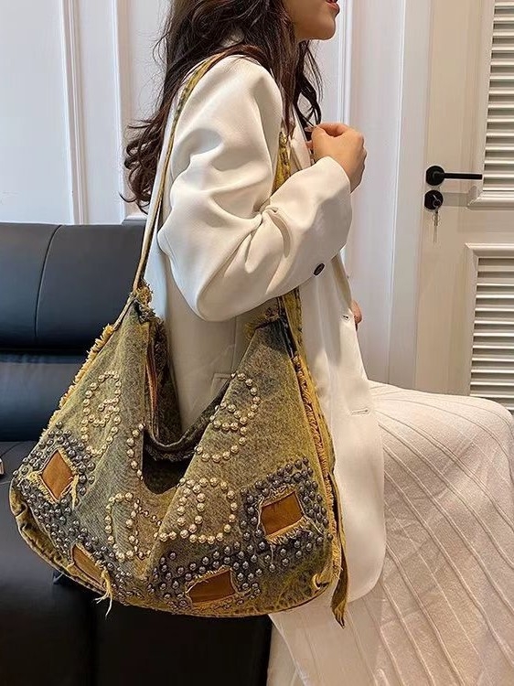 2024 Denim Tote torba velike kapacitete za svakodnevnu uporabu, crossbody preko ramena s nitnim detaljima