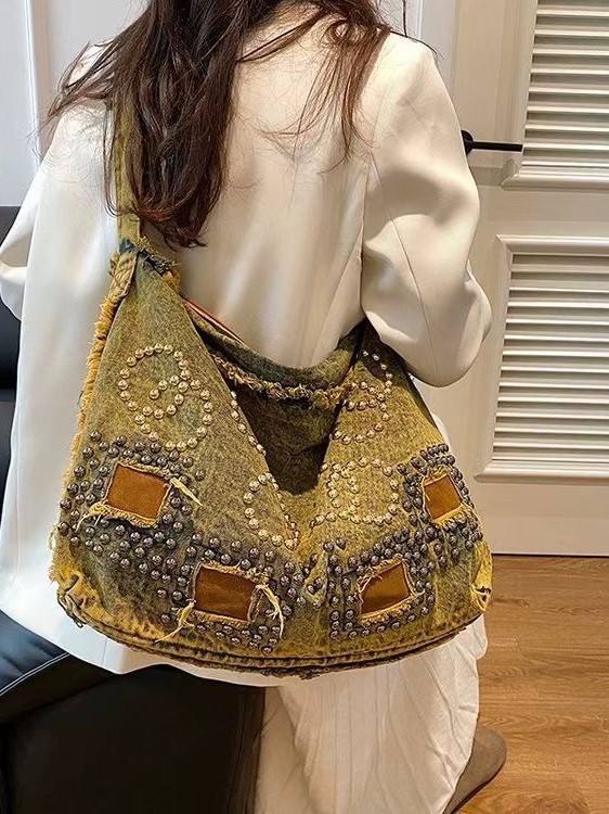 2024 Denim Tote torba velike kapacitete za svakodnevnu uporabu, crossbody preko ramena s nitnim detaljima