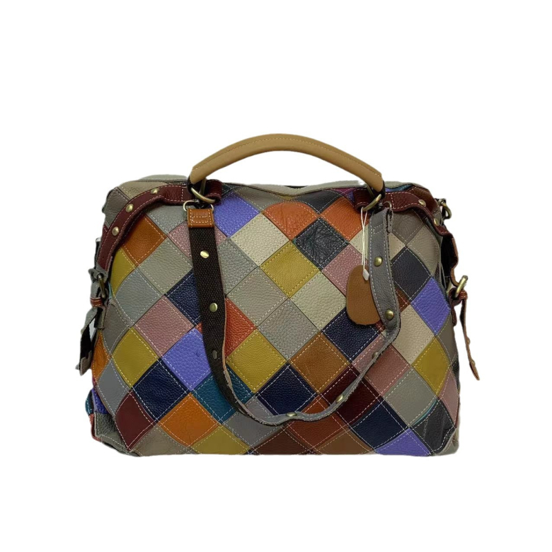 Ženska torba od prave kože, bucket stil, color-block dizajn i metalne niti, na ramenu