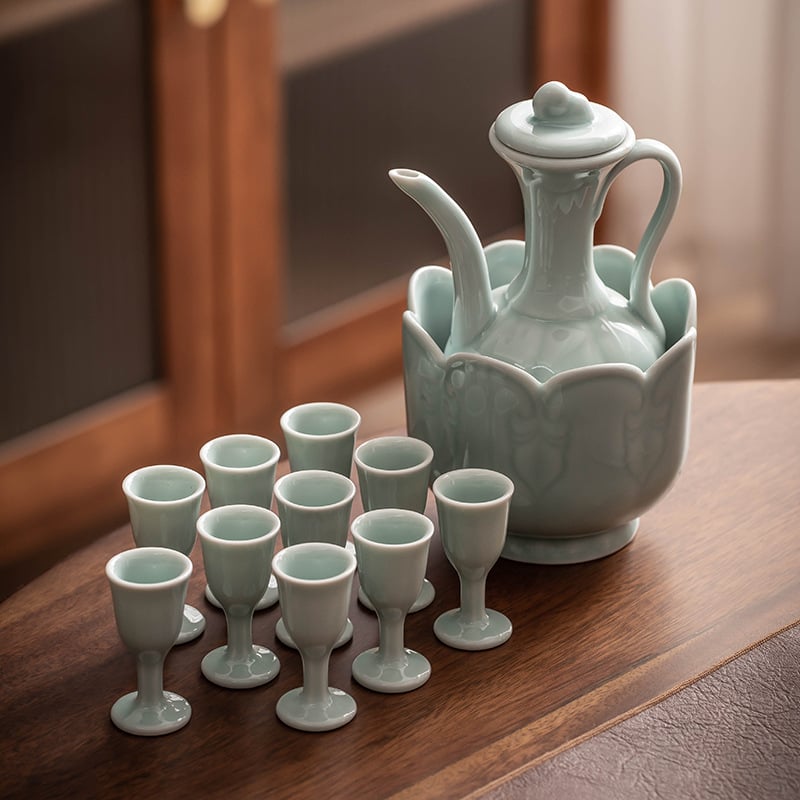 Set de ceai ceramic în stilul Dinastiei Song, imitație, ceainic mic cu mâner și accesorii pentru ceai, glazură albastru cer