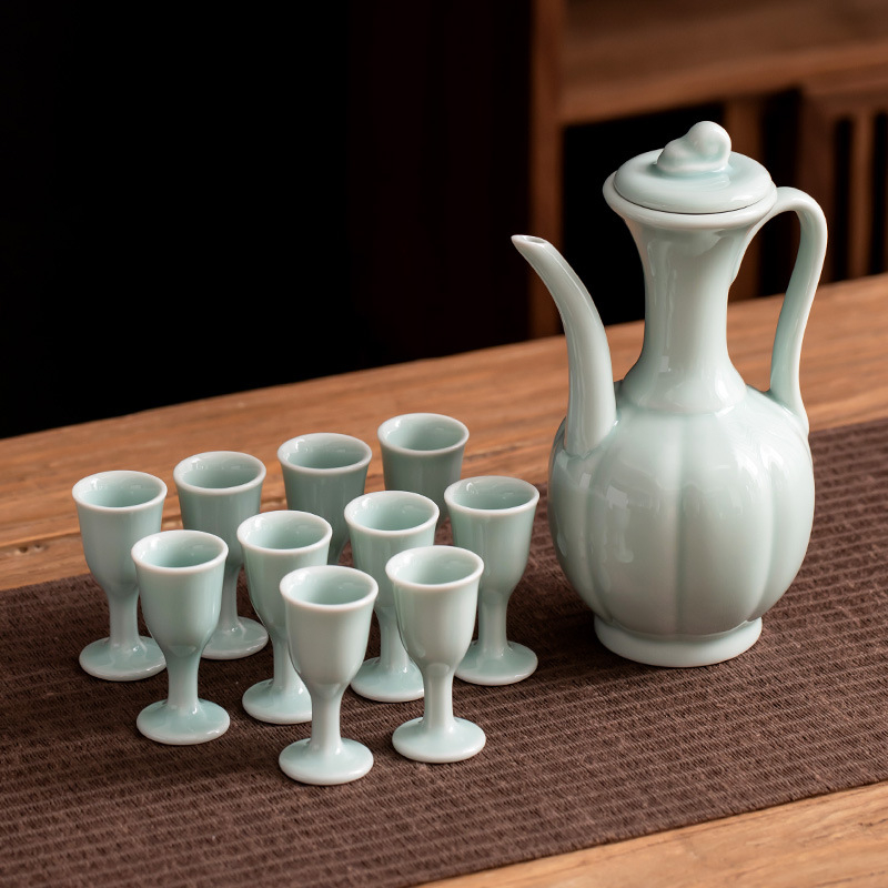 Set de ceai ceramic în stilul Dinastiei Song, imitație, ceainic mic cu mâner și accesorii pentru ceai, glazură albastru cer