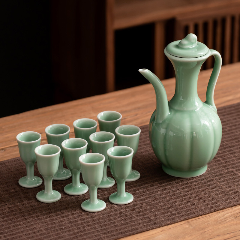 Set de ceai ceramic în stilul Dinastiei Song, imitație, ceainic mic cu mâner și accesorii pentru ceai, glazură albastru cer