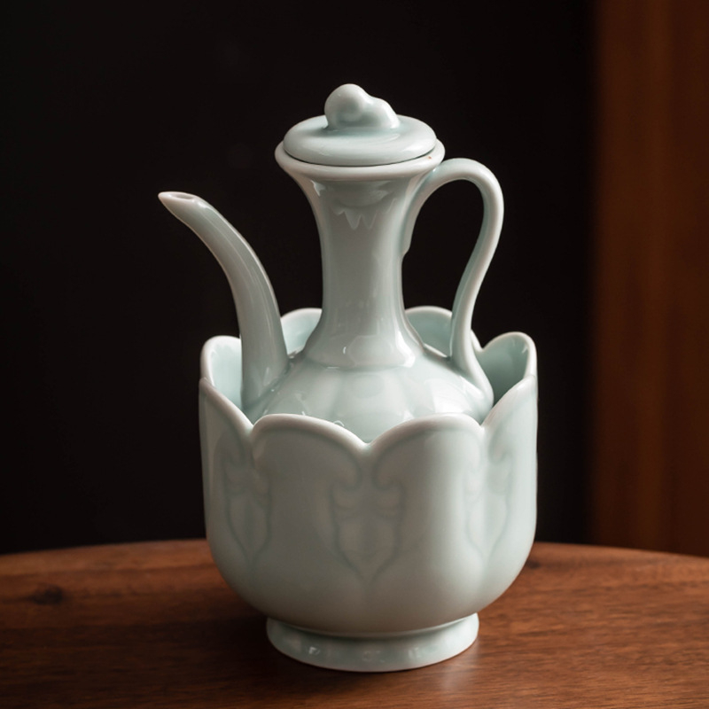 Set de ceai ceramic în stilul Dinastiei Song, imitație, ceainic mic cu mâner și accesorii pentru ceai, glazură albastru cer