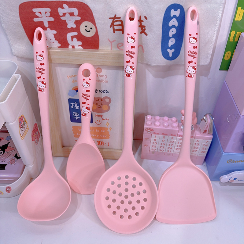 Cartoon Melody KT set tacâmuri bucătărie din silicon, antiaderent, rezistent la temperaturi înalte — spatulă, spatulă cu găuri, lingură de orez, lingură de supă