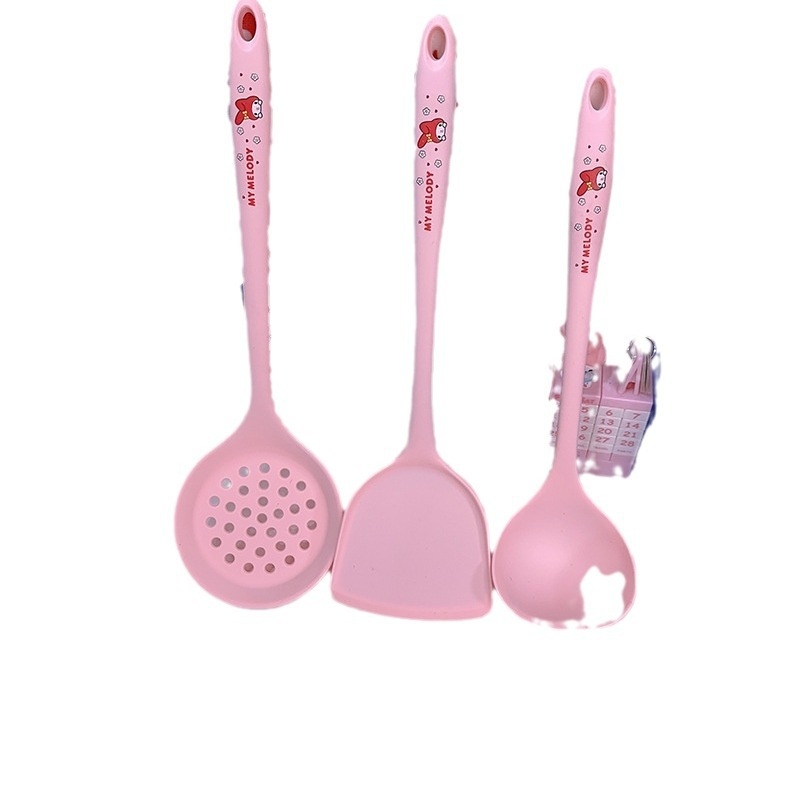 Cartoon Melody KT set tacâmuri bucătărie din silicon, antiaderent, rezistent la temperaturi înalte — spatulă, spatulă cu găuri, lingură de orez, lingură de supă