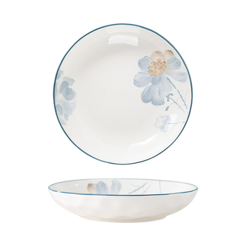 Porcelán étkészlet virágos mintával, otthoni használatra, elegáns megjelenés, kerek tányérok, mikrohullámú sütőben használható.